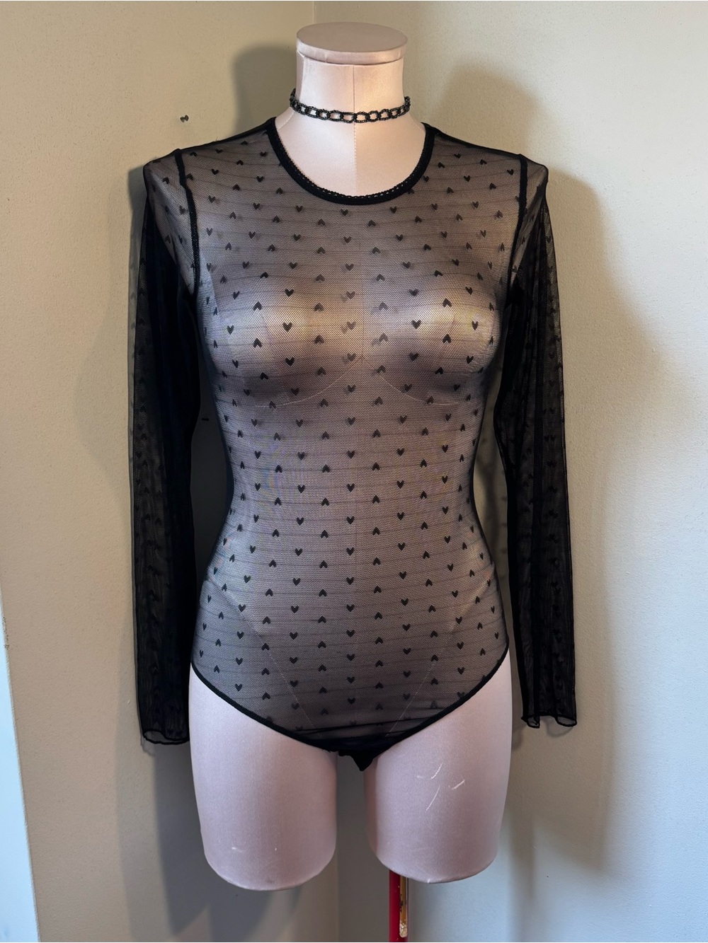 Black Sheer Heart Mesh Long-Sleeve Bodysuit Top